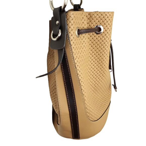 The Trend Tan Genuine Leather Woven Basketweave Drawstring Bucket Bag - Picture 4 of 8